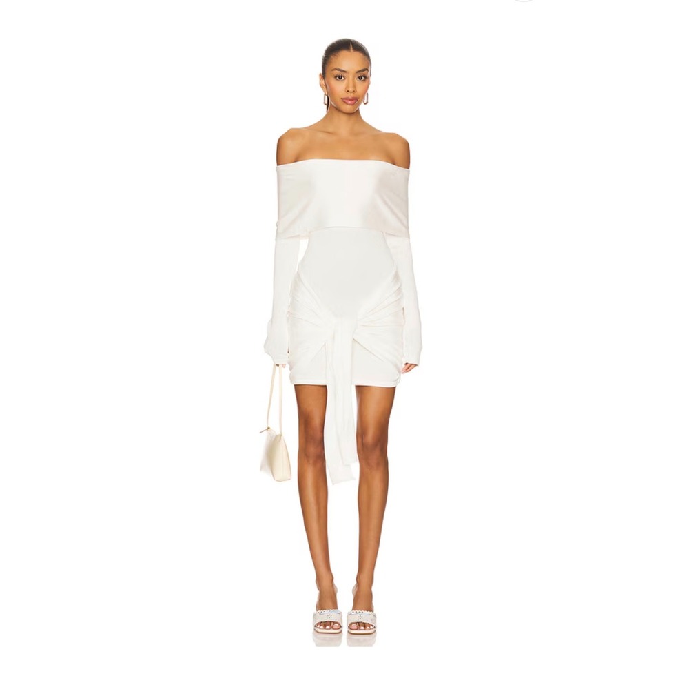Superdown White Off Shoulder Front Tie Knit Mini Dress Long Sleeve Small NWT